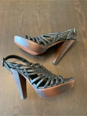 Women’s Frye 73396 Joy Haurache Leather Strappy Platform Slingback Heels Size 9